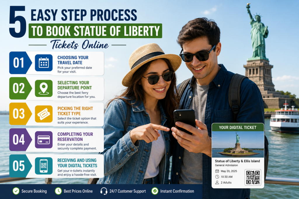 Infographic showing the five-step process to book Statue of Liberty tickets online, including travel date selection, ticket choice, secure payment, digital ticket delivery, and ferry boarding preparation.