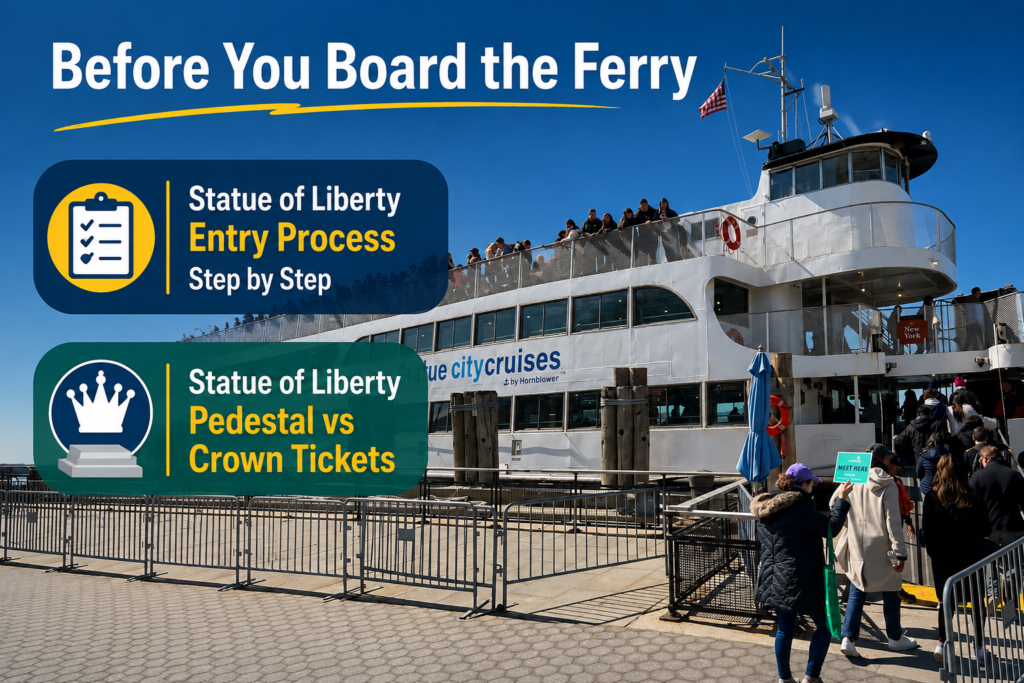 Crowd is boarding the Cruise, ready to depart for Statue of Liberty