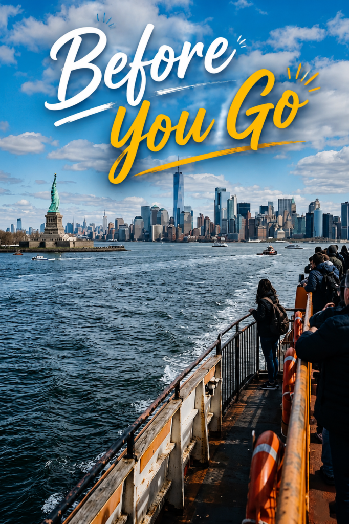 Passengers aboard a Statue of Liberty ferry enjoy New York Harbor views heading with Manhattan skyline ahead.