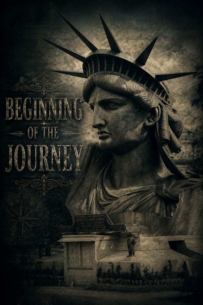 This picture is featuring the original Statue of Liberty head displayed before assembly, with the mysterious caption “Beginning of the Journey” in dramatic lettering, creating a historic, atmospheric scene that highlights the monument’s fascinating origins and early construction.