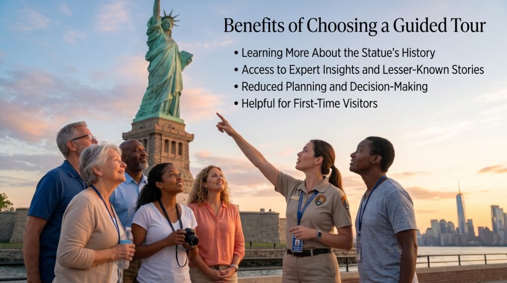 Guided tour group exploring the Statue of Liberty with a park ranger, highlighting expert insights, historical storytelling, and educational benefits for first-time visitors.