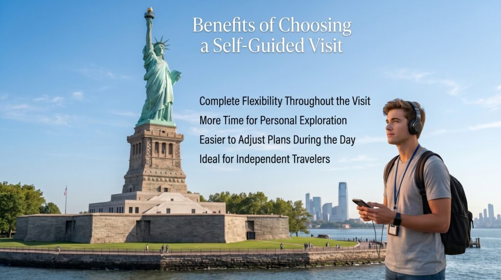 Solo traveler enjoying a self-guided Statue of Liberty visit with an audio guide on Liberty Island, highlighting flexible sightseeing, independent exploration, personalized pacing, and scenic views of the New York City skyline.