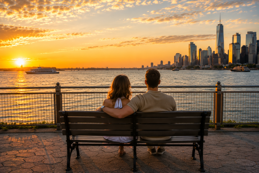 A couple sits on a bench near Battery Park, enjoying a golden sunset with New York Harbor, the Manhattan skyline, and passing ferries, showcasing one of the best couple-friendly places near Battery Park for a romantic waterfront experience.