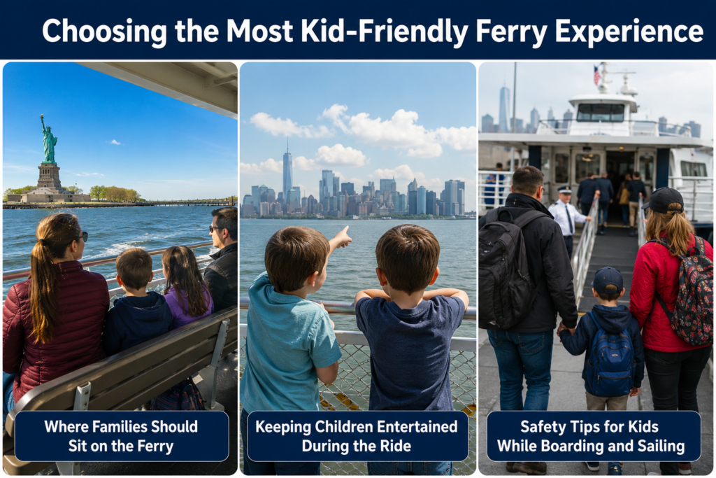 Three-panel family ferry infographic showing outdoor seating, children exploring harbor views, and safe boarding practices, with tips for a kid-friendly Statue of Liberty visit.