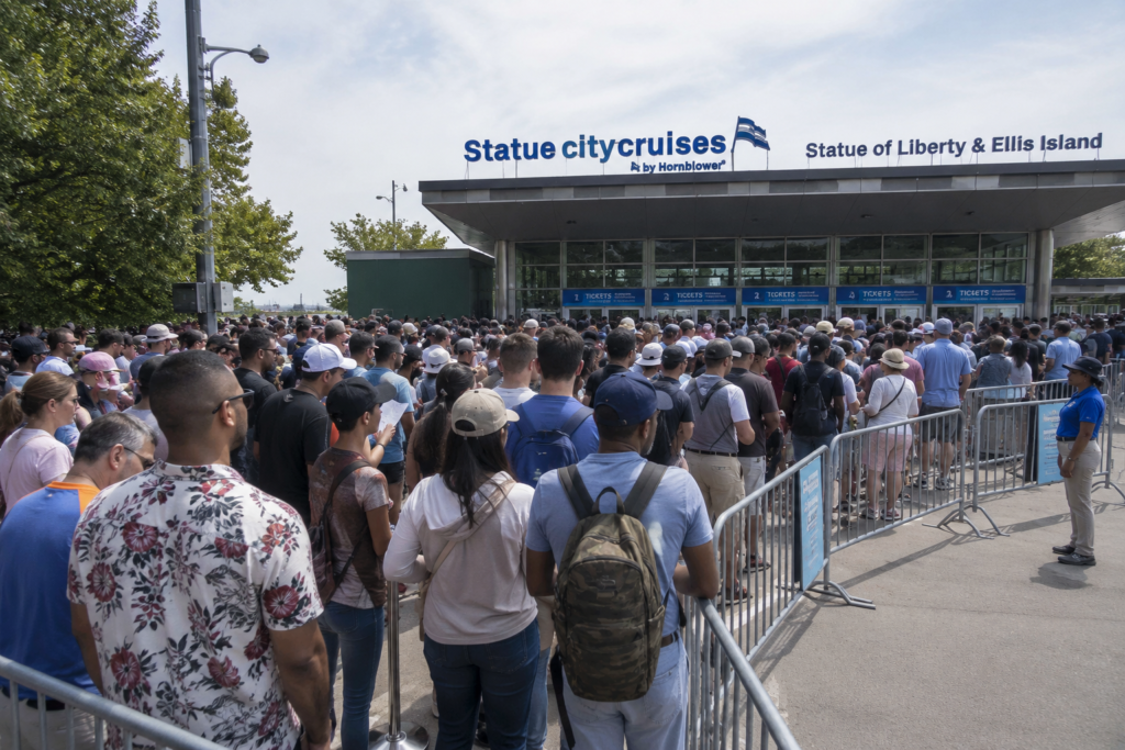 Large crowd waiting outside the Statue City Cruises ticket terminal for the Statue of Liberty ferry, illustrating how last-minute ticket booking, long queues, and poor planning can delay or disrupt a Liberty Island visit.