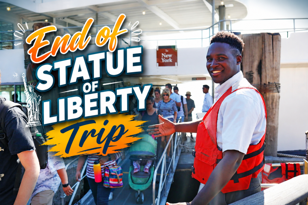 "Visitors disembark from the Statue of Liberty ferry at Battery Park, marking the end of their Liberty Island trip with crew assistance and organized boarding facilities."