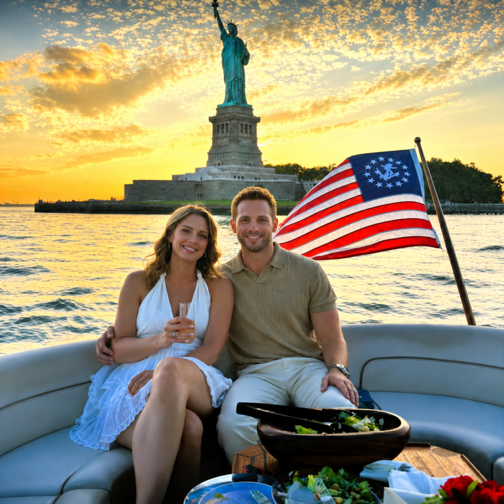 Couple enjoying a scenic ferry ride with the Statue of Liberty at sunset, featuring the title “Enjoy the Ferry Ride Together” and breathtaking New York Harbor views.