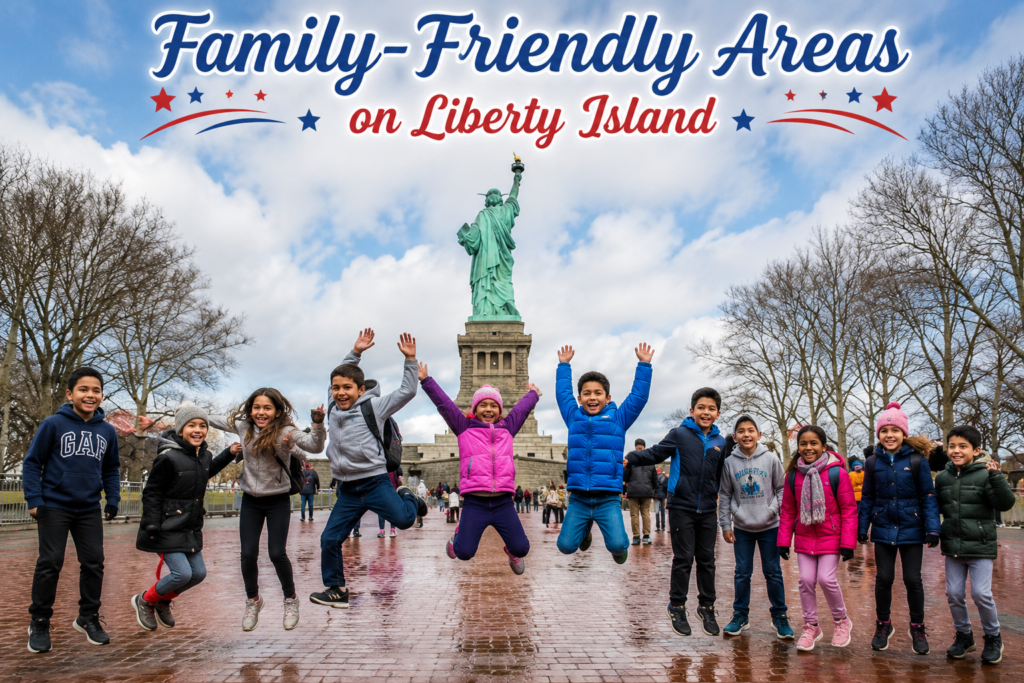 Group of children jumping and smiling in front of the Statue of Liberty on Liberty Island, highlighting a fun, family-friendly area for young visitors.