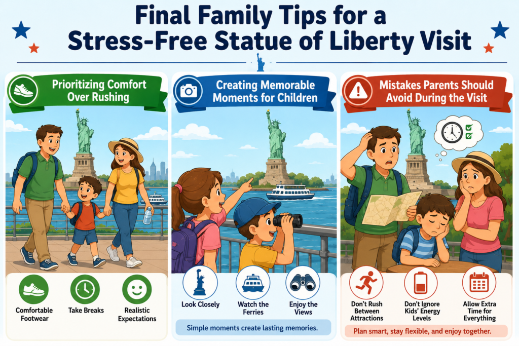 Family guide highlighting comfortable pacing, creating lasting memories for kids, and avoiding common mistakes during a Statue of Liberty trip.