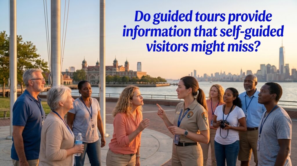 Visitor asking a tour guide whether guided Statue of Liberty tours provide historical insights and hidden stories that self-guided visitors might miss. (20 words)