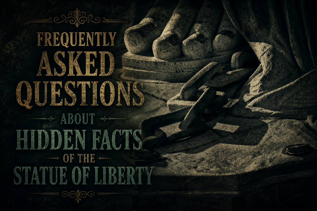 Mysterious picture showing the Statue of Liberty’s broken chains with the caption “Frequently Asked Questions About Hidden Facts of the Statue of Liberty” in dark vintage-style typography.