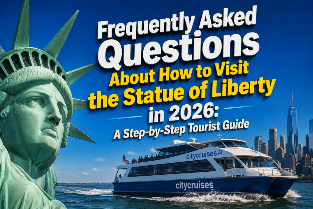3D FAQ graphic featuring a close-up Statue of Liberty head, City Cruises ferry, and bold heading about visiting the Statue of Liberty in 2026.