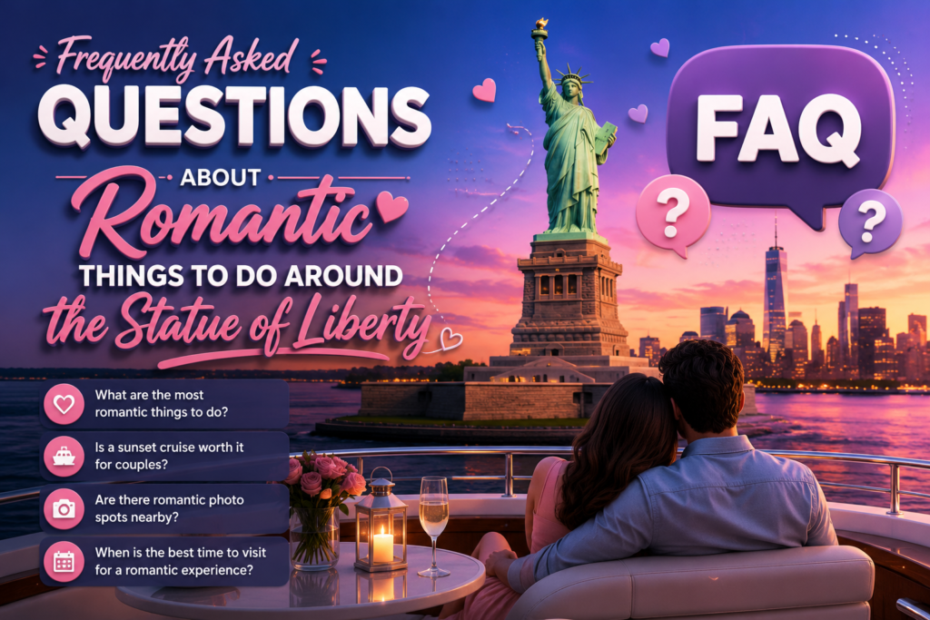 FAQ infographic about romantic things to do around the Statue of Liberty, featuring a couple on a sunset cruise with Liberty Island, New York skyline, and common travel questions for couples.