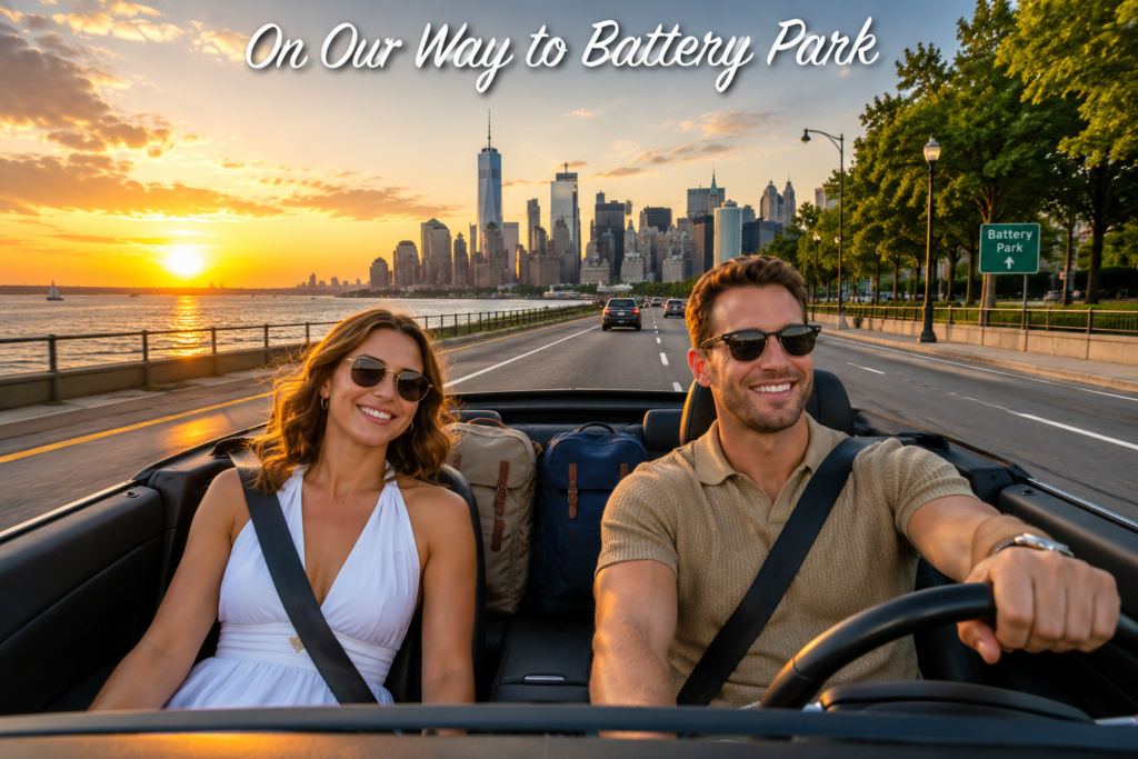 Romantic couple driving a convertible toward Battery Park at sunset, smiling as they head to visit the Statue of Liberty. With luggage packed behind them and the Manhattan skyline ahead, the scene captures love, adventure, and anticipation.