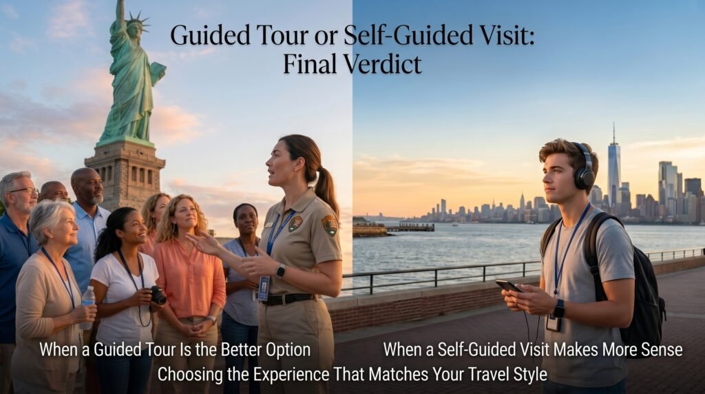 Side-by-side comparison of a guided tour and self-guided Statue of Liberty visit on Liberty Island, helping visitors choose the best sightseeing experience based on expert guidance, travel flexibility, personal preferences, and New York City views.