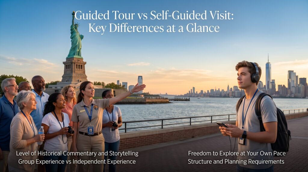 Comparison of guided and self-guided Statue of Liberty visits showing a tour group with a guide and an independent traveler exploring Liberty Island.