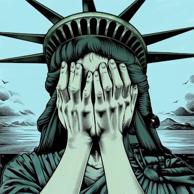 Illustrated Statue of Liberty covering her face with both hands, symbolizing hidden facts about the statue's appearance, mystery, untold history, and overlooked design secrets.