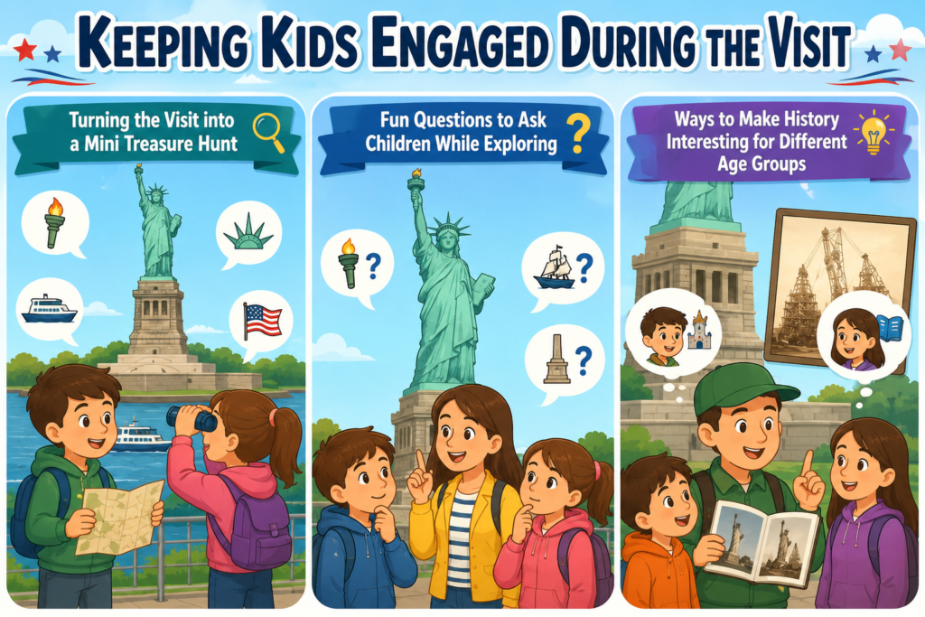 Cartoon infographic showing kids exploring the Statue of Liberty through treasure hunts, interactive questions, and fun history activities.