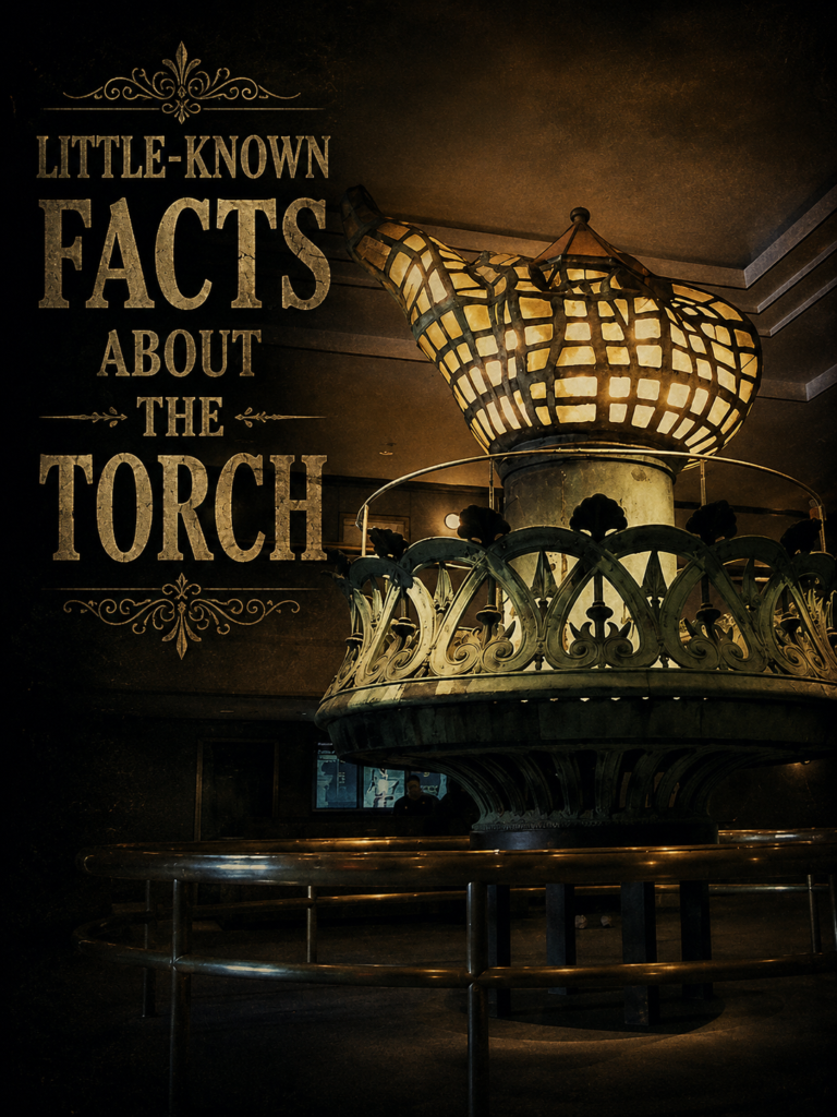 Mysterious-style picture featuring the original Statue of Liberty torch displayed in a museum with the caption “Little-Known Facts About the Torch,” using dark antique typography and dramatic lighting to create an intriguing historical atmosphere.