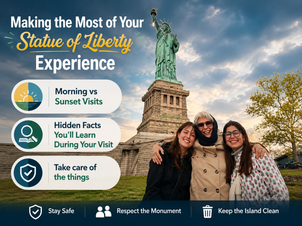 Statue of Liberty visitor guide infographic with scenic monument photography, smiling tourists, and key travel advice about morning and sunset visits, historical facts, safety practices, preserving the landmark, and maintaining a clean environment.
