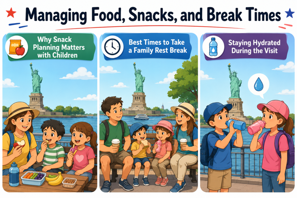 Cartoon family snacks, rest break, and hydration infographic.