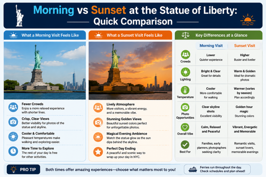 Infographic comparing morning vs sunset at the Statue of Liberty, highlighting visitor experience, lighting, crowd levels, photography conditions, and key differences side by side."