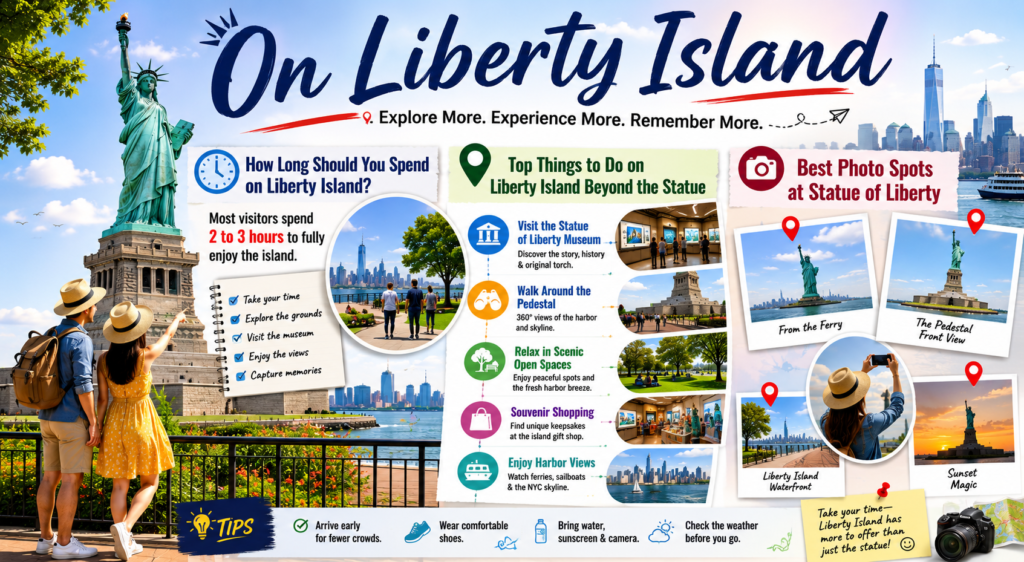 Infographic showing top things to do, photo spots, and visitor tips on Liberty Island near the Statue of Liberty