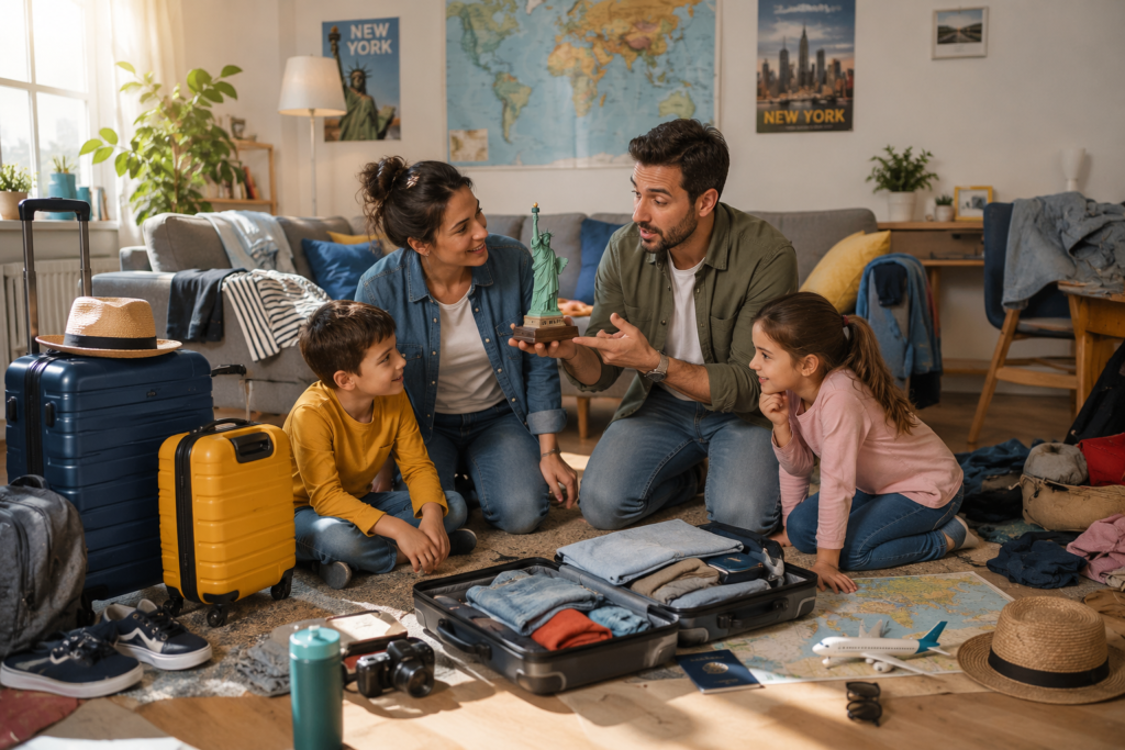 Father showing a Statue of Liberty model to his children while the family prepares luggage for a Liberty Island trip, sharing the story of the monument in a kid-friendly way.