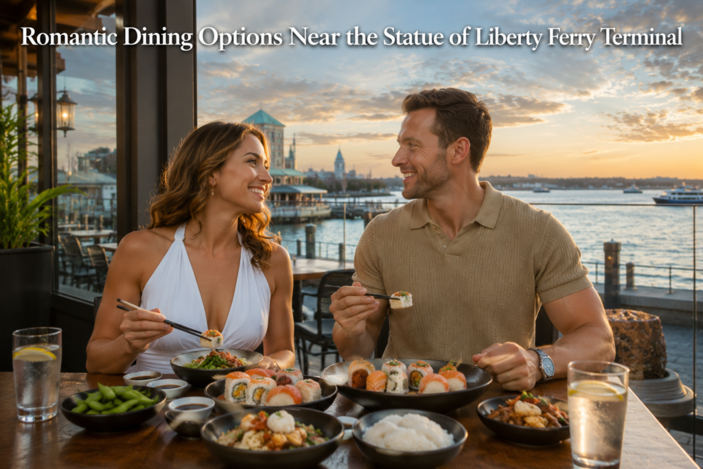 A couple enjoys a romantic waterfront dinner near the Statue of Liberty Ferry Terminal, sharing sushi at sunset with scenic harbor views, creating a memorable dining experience before or after the ferry ride.