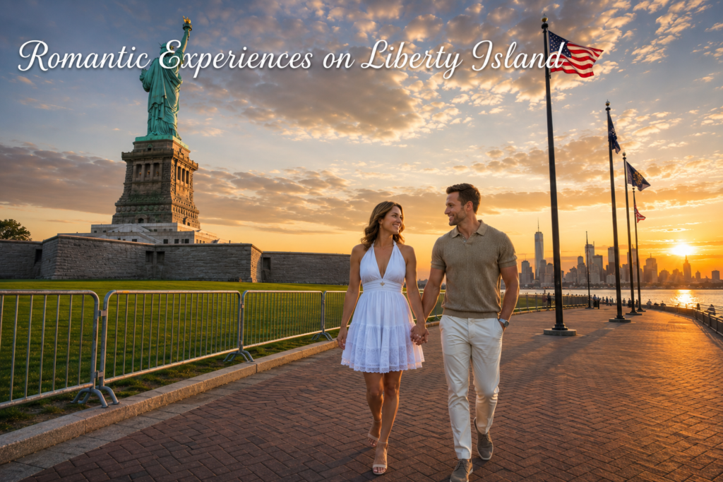 Romantic couple walking hand in hand along Liberty Island at sunset with the Statue of Liberty, American flags, and the Manhattan skyline beneath the title “Romantic Experiences on Liberty Island”, creating a memorable waterfront atmosphere.