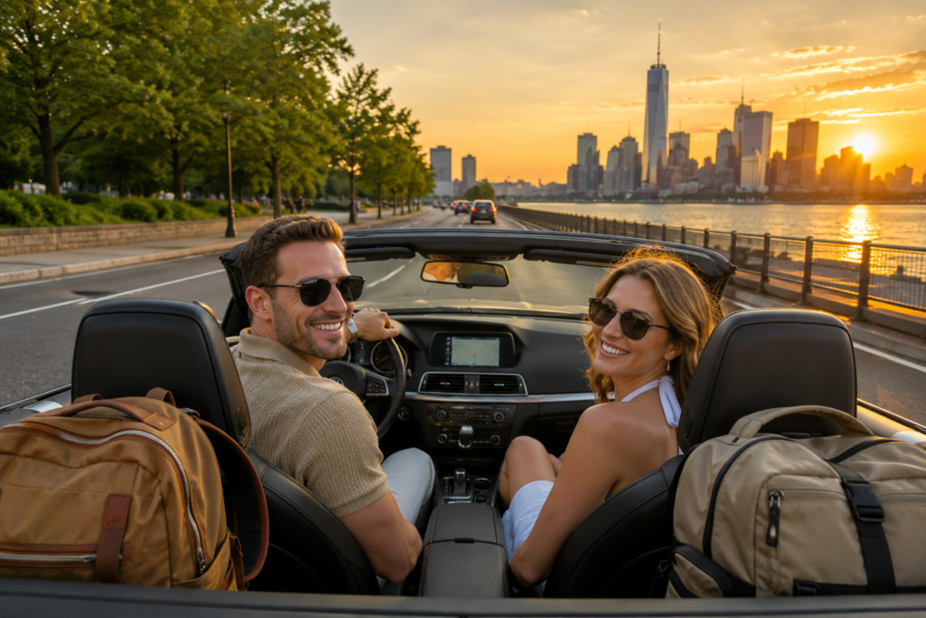 Smiling couple driving a convertible along the New York waterfront at sunset with backpacks in the back seat and the Manhattan skyline ahead, capturing a romantic road trip atmosphere for exploring romantic things to do around the Statue of Liberty.