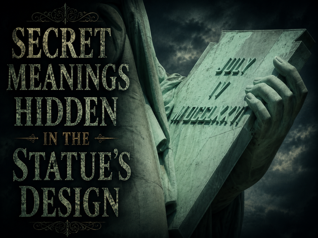Close-up of the Statue of Liberty holding its tablet with the caption “Secret Meanings Hidden in the Statue’s Design,” highlighting mysterious symbolism, iconic details, and hidden design secrets in dramatic style.