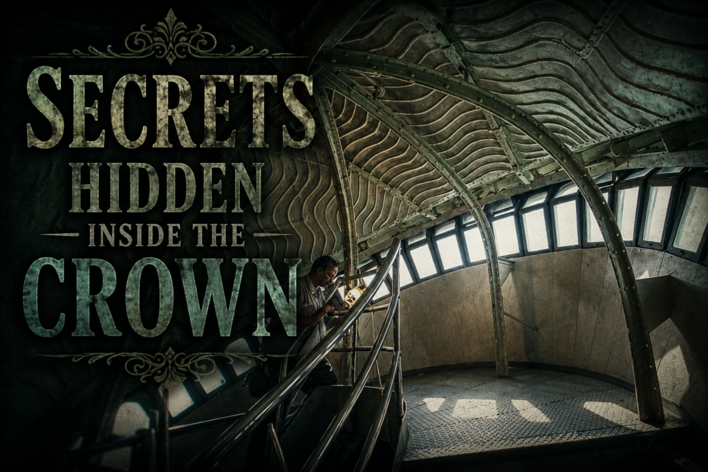 Interior view of the Statue of Liberty's crown featuring metal framework, curved windows, and staircase, with a mysterious title highlighting hidden secrets inside the crown and its fascinating internal structure.