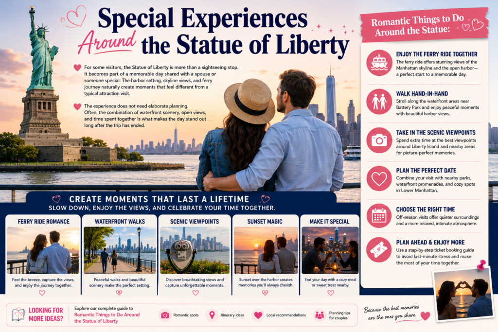 Infographic titled “Special Experiences Around the Statue of Liberty” featuring a couple overlooking New York Harbor, romantic date ideas, ferry rides, waterfront walks, scenic viewpoints, sunset views, and memorable experiences near the Statue of Liberty.