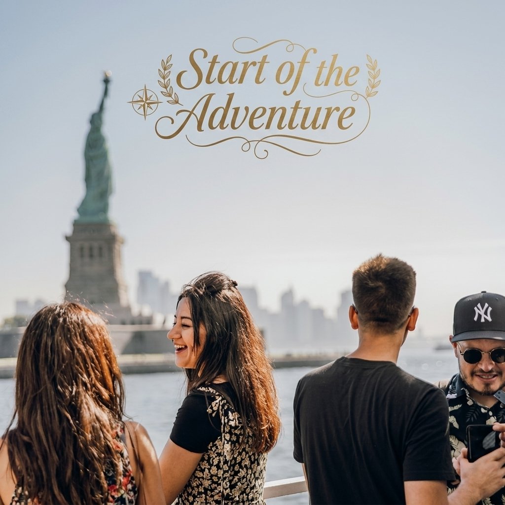 People are happy and excited in a ferry forwarding towards Statue of Liberty