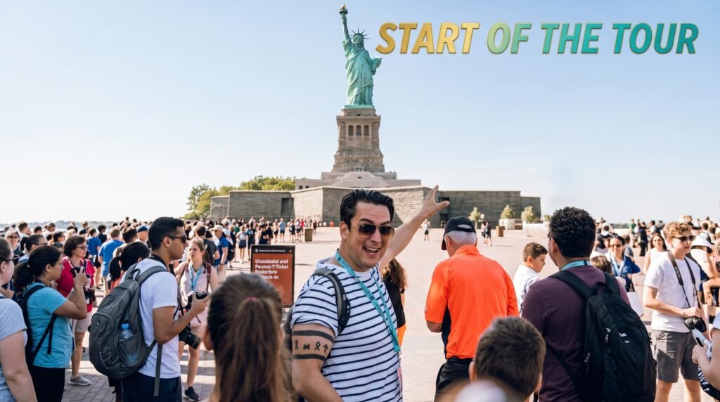 Tour guide welcoming visitors at the start of the Statue of Liberty tour on Liberty Island, with crowds gathering before the iconic monument in New York.