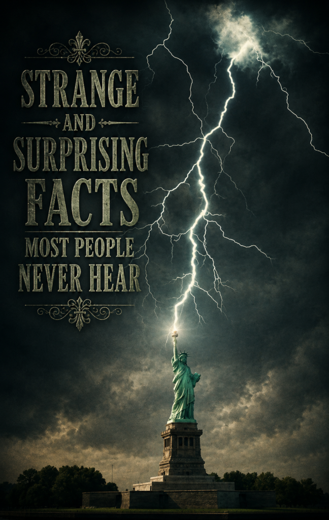 Statue of Liberty struck by lightning beneath dark storm clouds with a mysterious headline, “Strange and Surprising Facts Most People Never Hear,” creating a dramatic, cinematic visual about hidden Statue of Liberty mysteries.