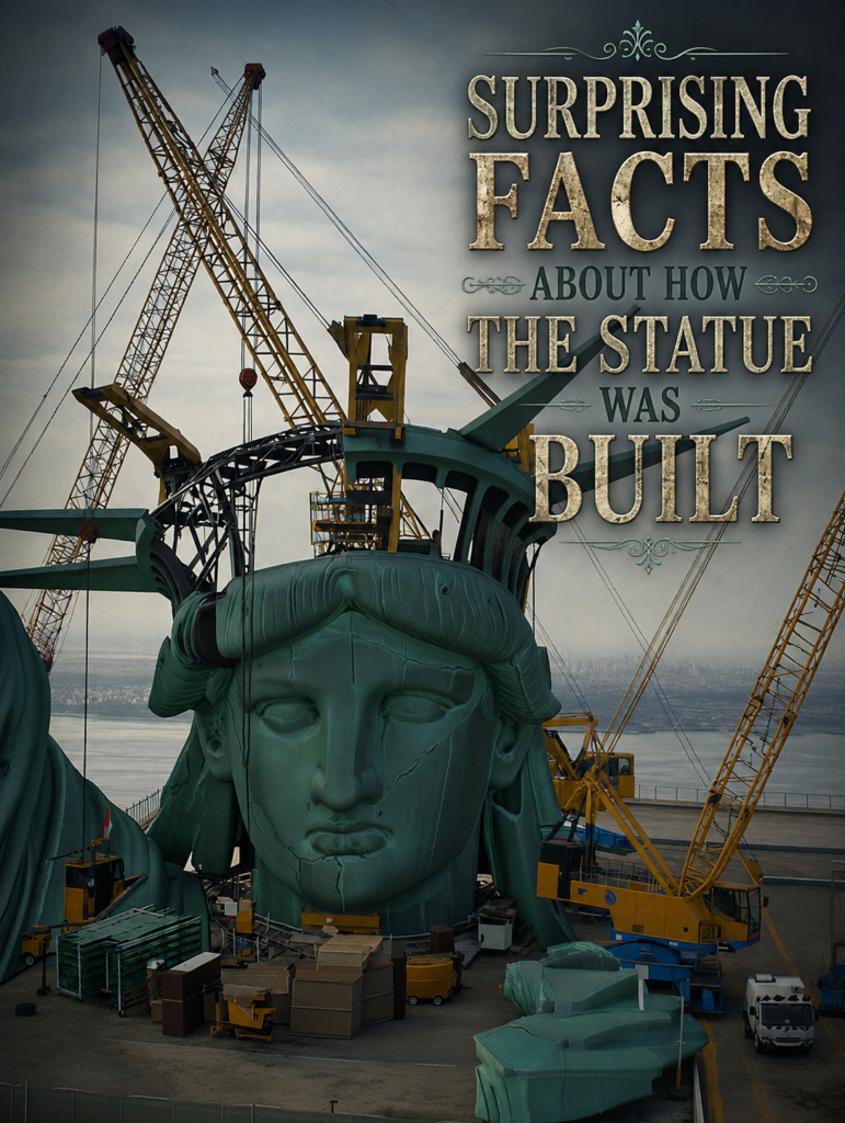 Close-up view of the Statue of Liberty's partially assembled head surrounded by towering construction cranes and equipment, highlighting the monument's remarkable engineering process and hidden construction history behind one of America's most iconic landmarks.