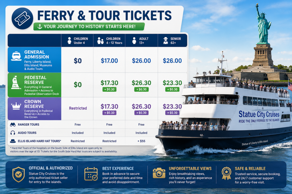 Traveler booking Statue of Liberty tickets online on a laptop, highlighting the convenience of advance reservations, guaranteed entry, and stress-free trip planning.