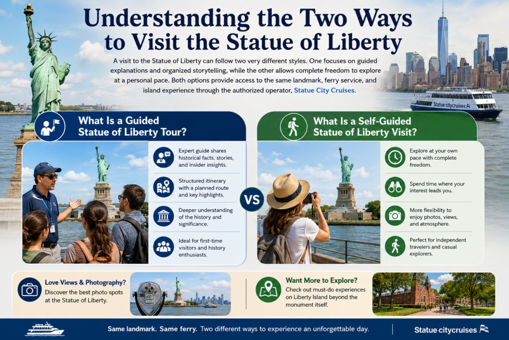 Infographic comparing guided and self-guided Statue of Liberty tours, highlighting tour benefits, flexibility, photography opportunities, and Liberty Island visitor experiences.