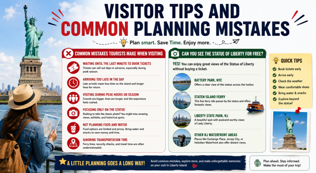 Infographic showing visitor tips, common planning mistakes, and free viewing locations for the Statue of Liberty