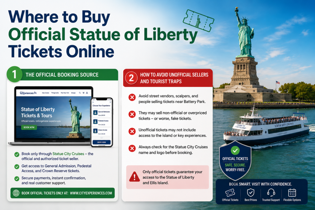 Infographic explaining where to buy official Statue of Liberty tickets online, featuring authorized booking sources, ticket scam prevention tips, Statue City Cruises ferry, and secure advance reservations.