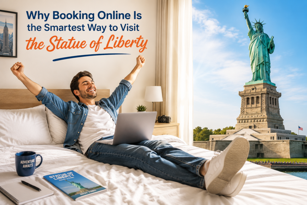 Traveler booking Statue of Liberty tickets online on a laptop, highlighting the convenience of advance reservations, guaranteed entry, and stress-free trip planning.