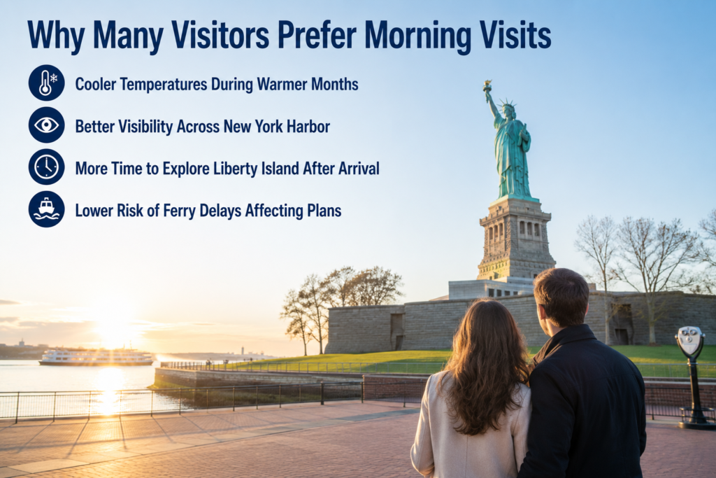 Young couple enjoying an early morning visit to the Statue of Liberty during sunrise, highlighting cooler temperatures, clear New York Harbor views, fewer crowds, and extra time to explore Liberty Island.