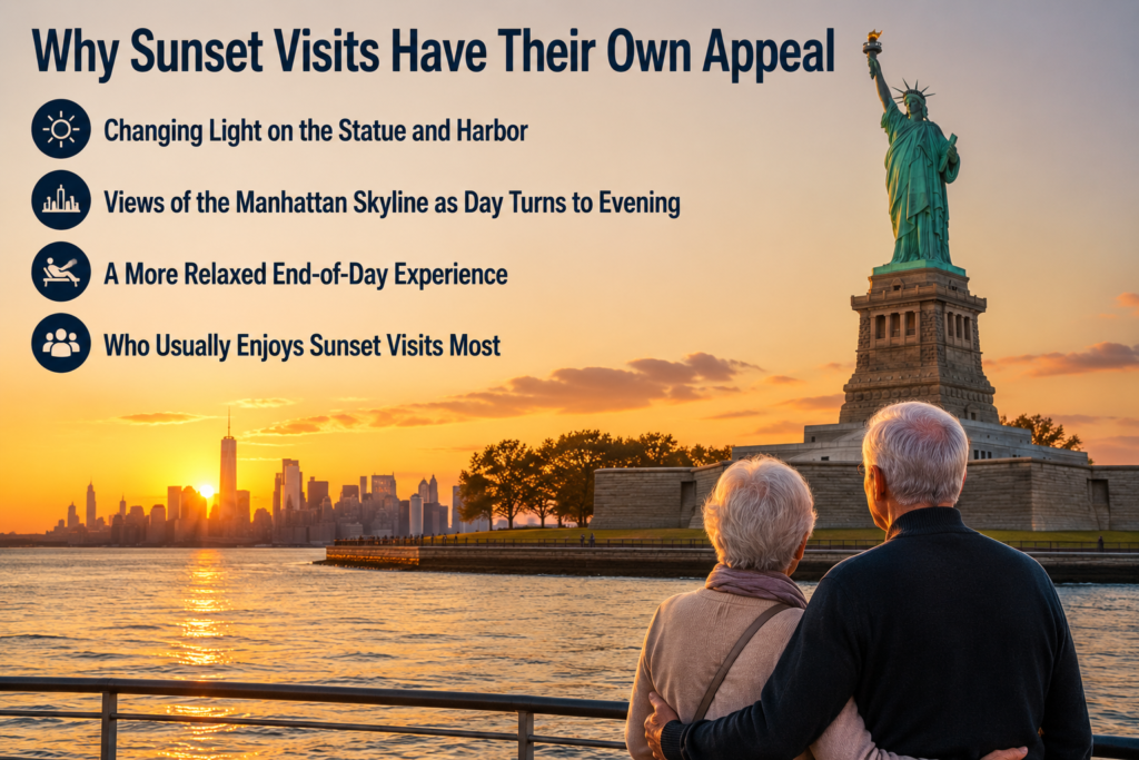 Elderly couple enjoying a peaceful sunset visit to the Statue of Liberty with glowing harbor views, Manhattan skyline, warm evening light, and a relaxing atmosphere highlighting the charm of late-day sightseeing.