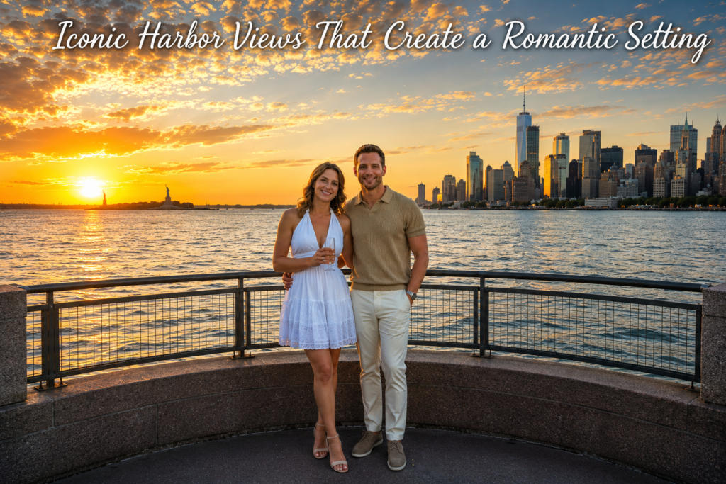 Romantic couple posing by the waterfront at sunset with the Statue of Liberty and Lower Manhattan skyline in the background, beneath the caption “Why the Statue of Liberty Area Appeals to Couples
”, showcasing a scenic New York harbor viewpoint.