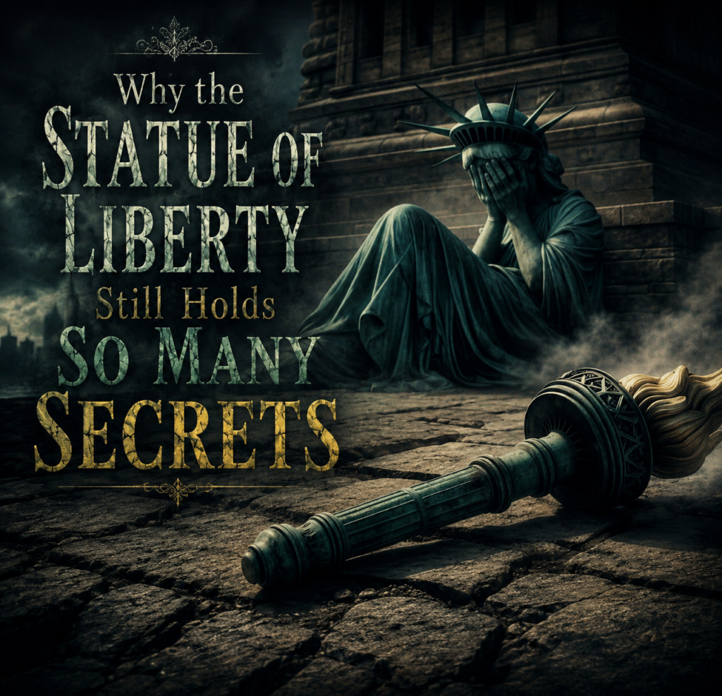 Mysterious artwork showing a sorrowful Statue of Liberty beside a fallen torch with the caption “Why the Statue of Liberty Still Holds So Many Secrets,” creating a dark, intriguing atmosphere.