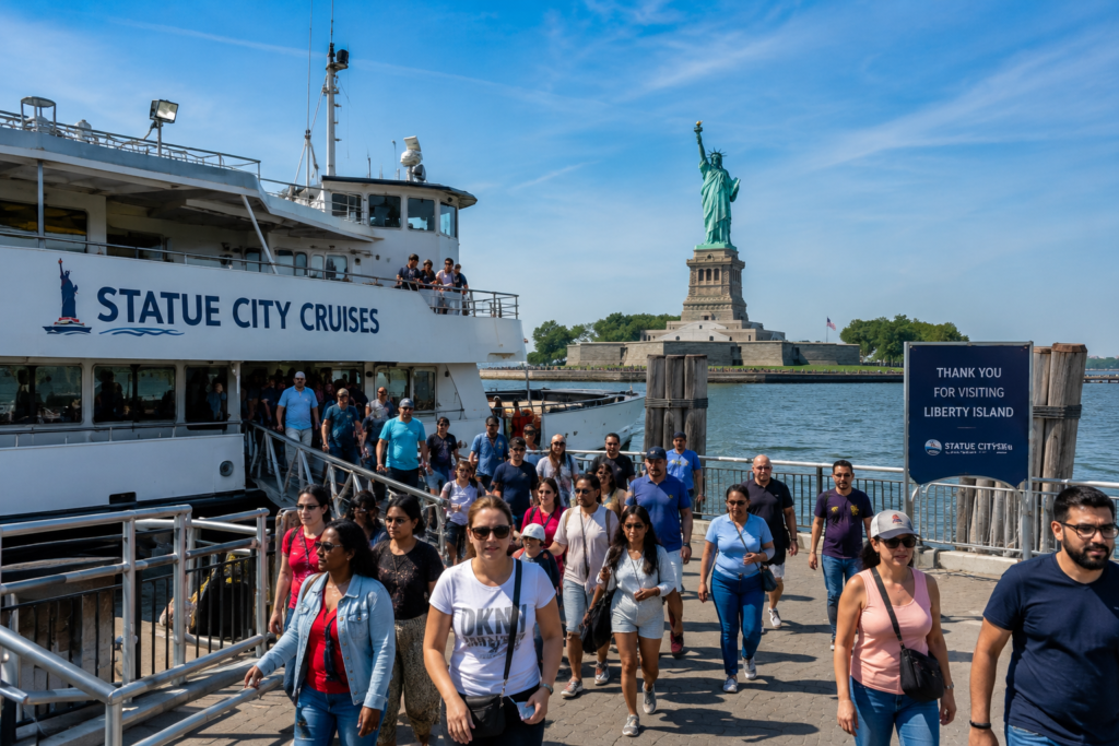 Crowd is returning after Statue of Liberty tour.