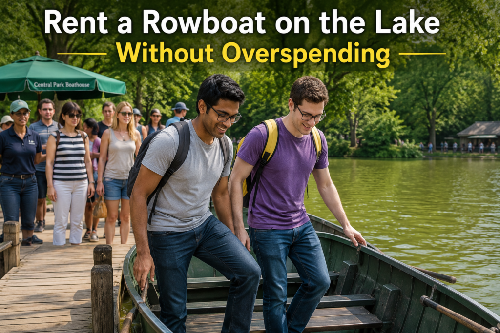 Two college students wearing eyeglasses board a Central Park rowboat while visitors wait behind at the dock, highlighting an affordable lake activity and budget-friendly sightseeing experience in New York City.