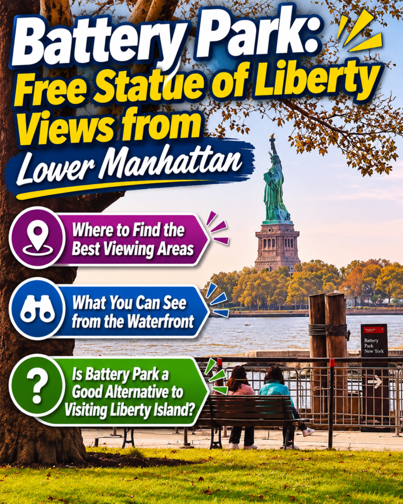 Battery Park waterfront overlooking the Statue of Liberty with colorful informational captions highlighting viewing areas, waterfront sights, and whether it offers a worthwhile Liberty Island alternative.